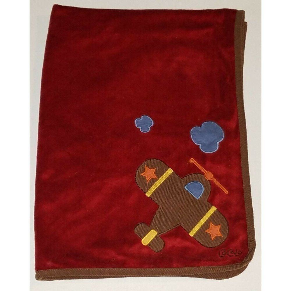 Cocalo Airplane Red Baby Blanket Lovey 30" x 40" Brown Tan Polka Dots Clouds